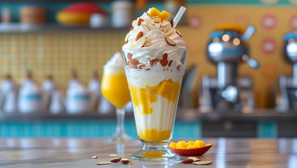 “A close-up of a towering mango mastani shake in a classic glass, layers of whipped cream, sliced almonds, and vibrant mango chunks; background softly blurred to hint at a retro-style café counter with pastel tiles and stainless steel milkshake mixers”