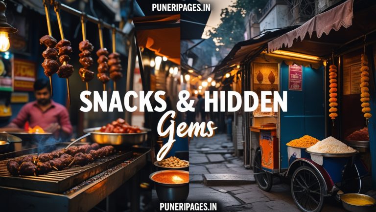 Evening market lane in Budhwar Peth with hanging lanterns, text ‘Budhwar Peth: Snacks & Hidden Gems’, puneripages.in