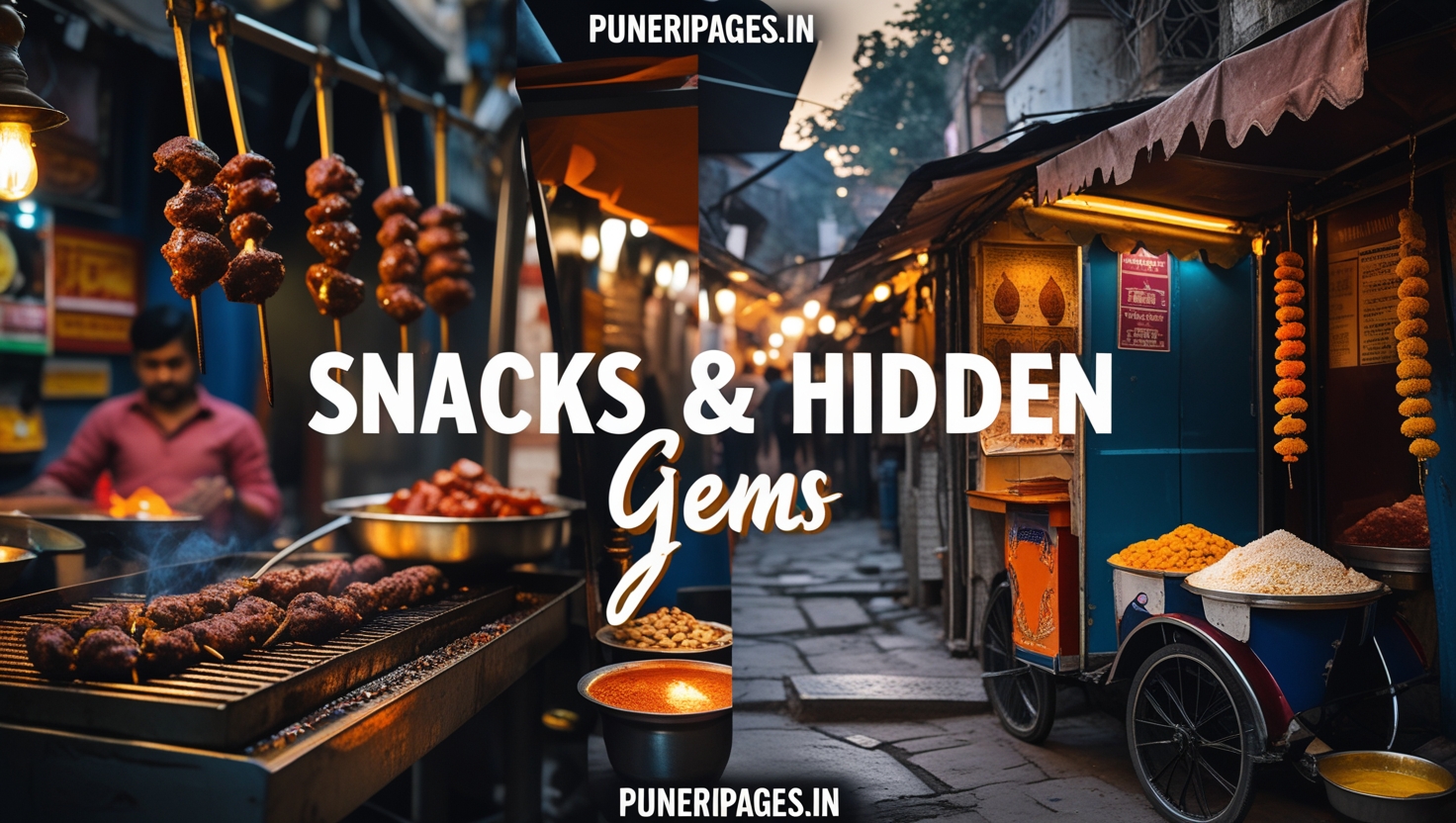Evening market lane in Budhwar Peth with hanging lanterns, text ‘Budhwar Peth: Snacks & Hidden Gems’, puneripages.in