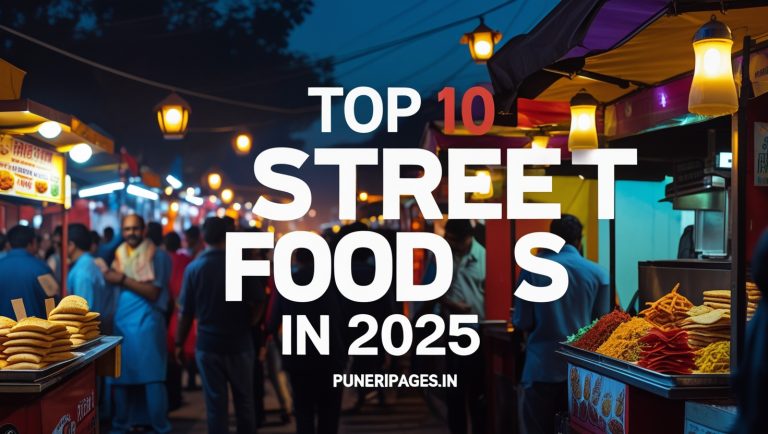 Crowded Pune food bazaar at dusk, text overlay ‘Top 10 Street Foods in Pune 2025’, puneripages.in