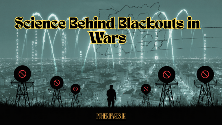 Outline map and blackout city silhouette overlaid with red no‑signal icons and streams of floating code, symbolizing electronic warfare.