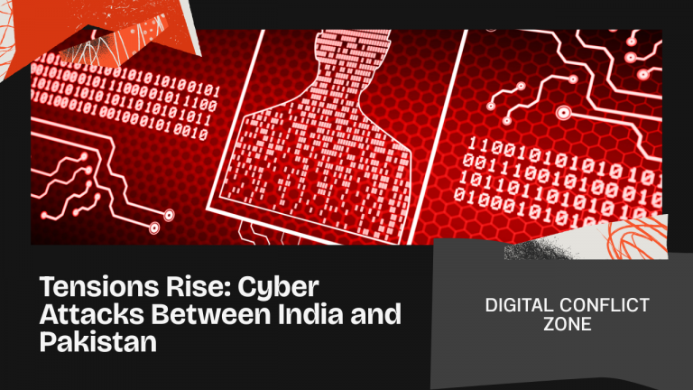 Digital map of India overlaid with red warning symbols and floating binary code indicating a cyber‑attack threat.
