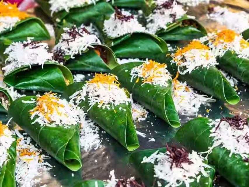 Colorful local snacks (here, a sweet paan wrapped in betel leaf) are featured on Pune’s famous food walking tours.