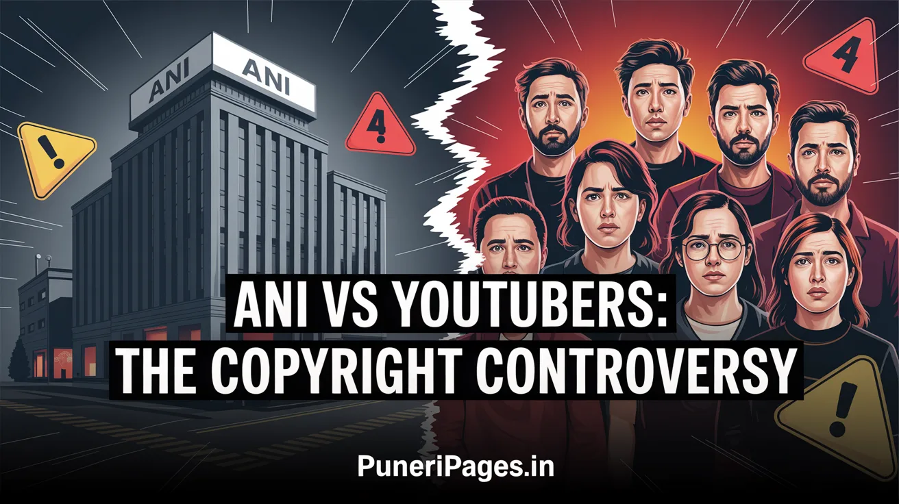 Illustration depicting the conflict between ANI and YouTubers over copyright issues, featuring symbolic elements and text 'ANI vs YouTubers: The Copyright Controversy' with 'puneripages.in