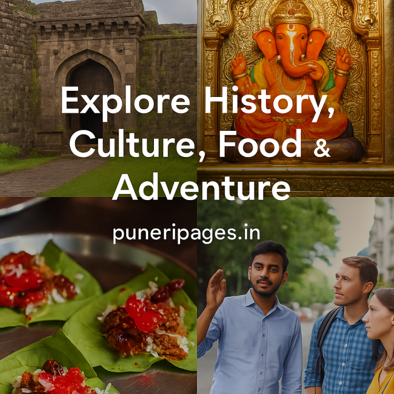 A vibrant grid collage featuring Pune’s Shaniwar Wada fort, a gilded Ganesha idol, colorful street‑food on a banana leaf, and a small group of tourists guided through the city, overlaid with the text “Explore Pune in Half a Day” and “puneripages.in.”