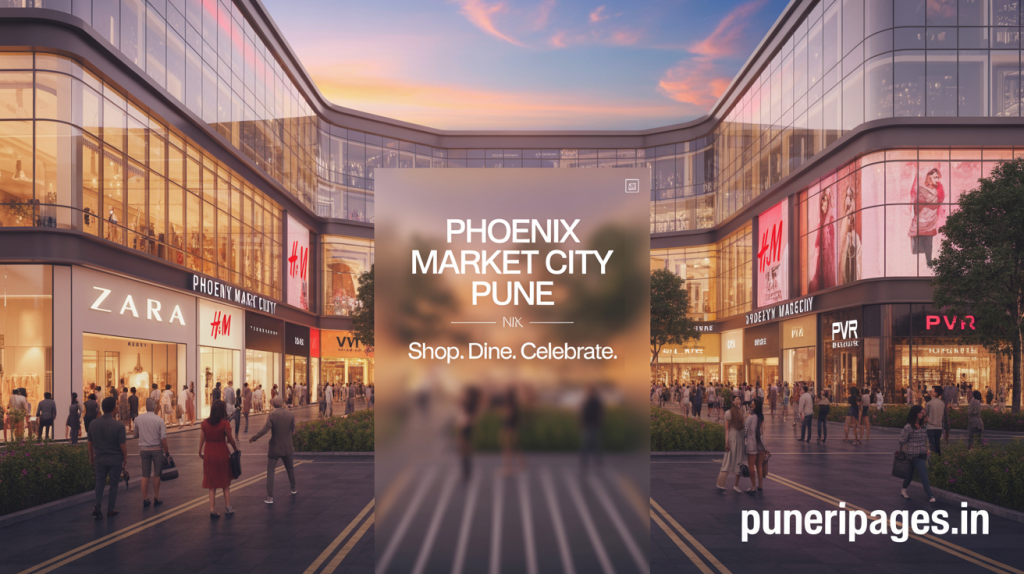 Wide-angle view of Phoenix Market City Pune’s main entrance at sunset with Zara, H&M, and PVR logos, light foot traffic, and puneripages.in text overlay.