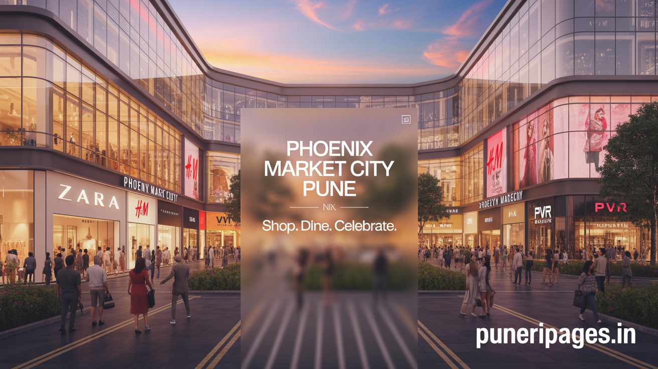 Wide-angle view of Phoenix Market City Pune’s main entrance at sunset with Zara, H&M, and PVR logos, light foot traffic, and puneripages.in text overlay.
