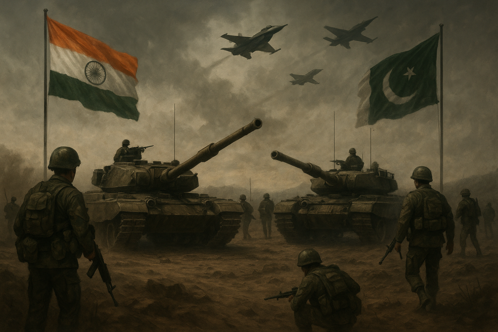 Indian and Pakistani soldiers face off with tanks and fighter jets under a cloudy sky during a tense wartime standoff.