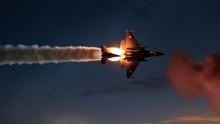Indian S‑400 surface‑to‑air missile battery intercepting a Pakistani J‑17 fighter jet against a night sky over Jammu.