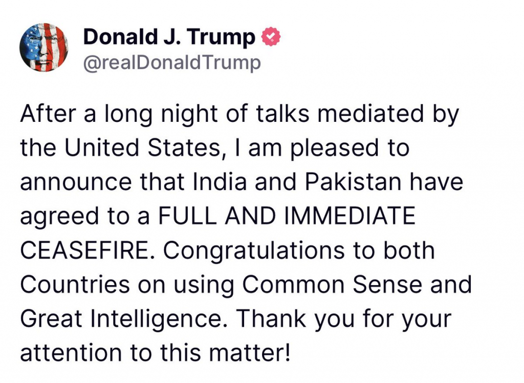 US President Donald Trump announced on May 10, 2025 that India and Pakistan have agreed to a “full and immediate ceasefire” to india pakistan war after a night of US‑mediated talks on Truth Social