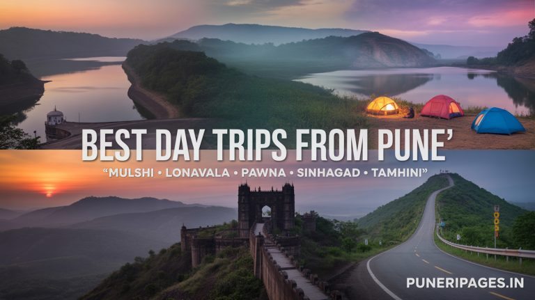 Panoramic montage of Mulshi Dam, misty Lonavala hills, Pawna Lake campsite, Sinhagad Fort silhouette, and winding Tamhini Ghat road at sunset.