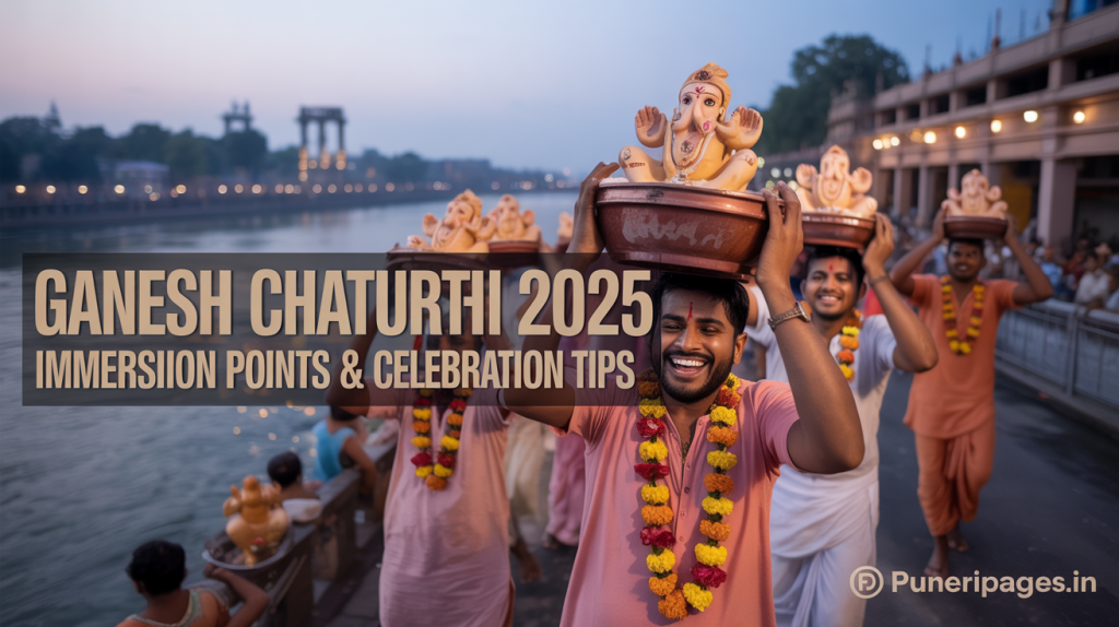 Devotees in traditional attire carrying clay Ganesh idols toward static iron immersion tanks decorated with marigold garlands on the Mula riverbank at dusk
