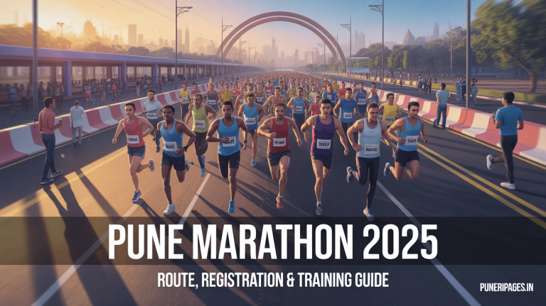 Diverse group of runners sprinting down Pune’s Solapur Road at dawn, passing the Baburao Sanas Sports Ground arch with hydration stations and cheering volunteers lining the route.