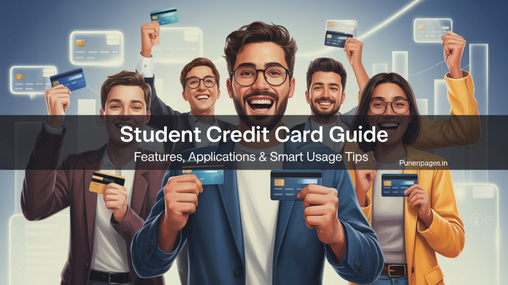 Young students in casual attire holding credit cards against a backdrop of floating translucent card icons and financial graphs, celebrating smart financial empowerment.
