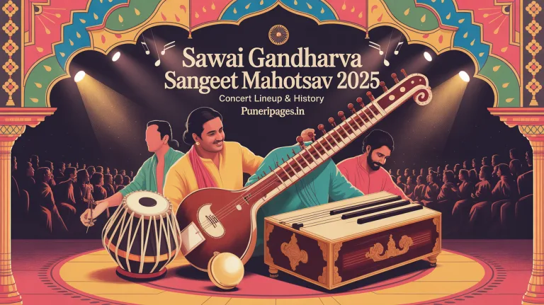 Illustration of Indian classical music instruments and artists on stage with festive lights, promoting Sawai Gandharva Sangeet Mahotsav 2025 and Puneripages.in