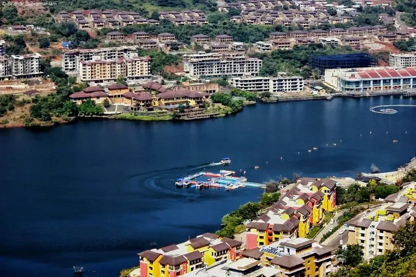 Colorful European-style buildings along Lavasa's lakeside promenade