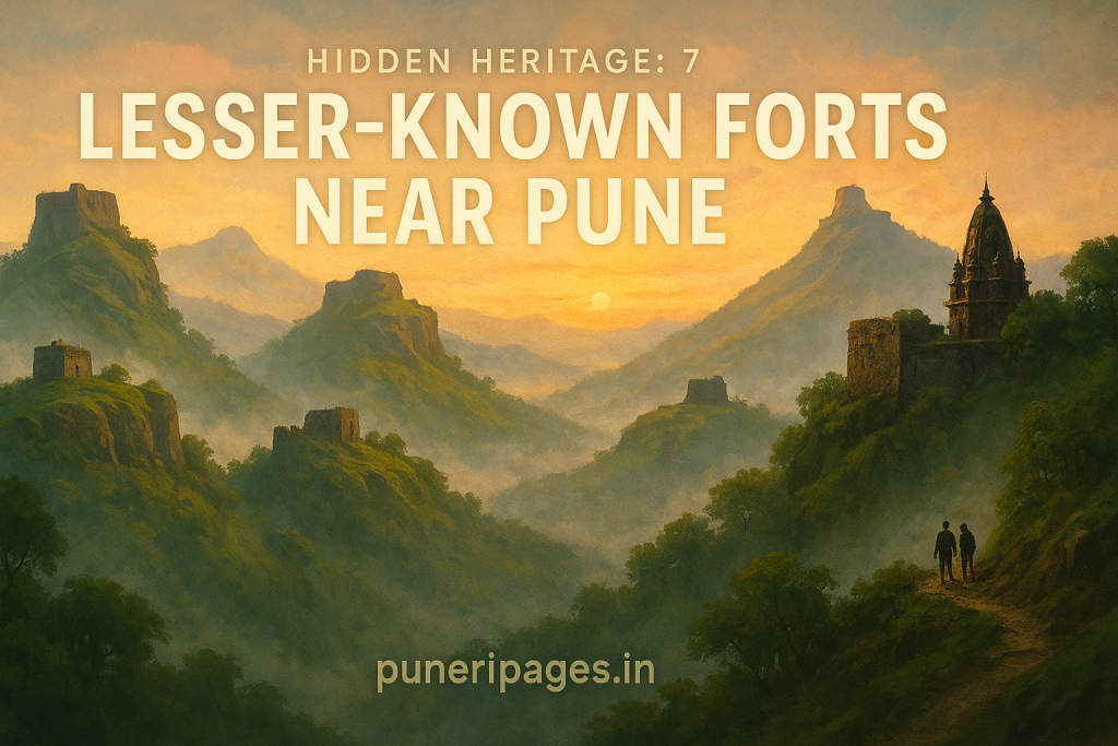 A panoramic sunrise view of seven ancient hill forts along misty Western Ghats ridges, with stone walls and temple spires peeking through lush green forests, two trekkers silhouetted on a narrow path in the foreground, and the text “Hidden Heritage: 7 Lesser‑Known Forts Near Pune” along with “puneripages.in” overlayed at top and bottom.