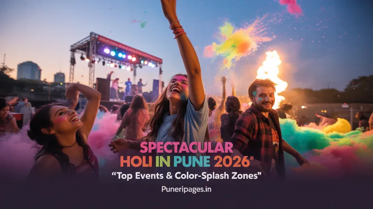 Revelers throwing powdered colors in front of a glowing Holika Dahan bonfire at dusk, with a DJ booth and stage lights framing the festive Holi in Pune scene.”