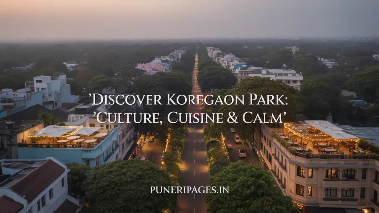 Aerial view of Koregaon Park’s mix of colonial bungalows, modern cafés, and rooftop bars at dusk, with a lit pathway through Osho Teerth Park in the foreground.