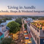 A panoramic view of Aundh at sunset showing tree-lined streets, residential buildings, a vibrant farmers’ market stall, and a rooftop café, with overlaid text ‘Living in Aundh: Schools, Shops & Weekend Hangouts’ and branding ‘puneripages.in’.