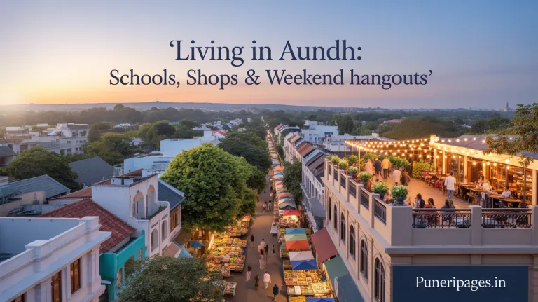 A panoramic view of Aundh at sunset showing tree-lined streets, residential buildings, a vibrant farmers’ market stall, and a rooftop café, with overlaid text ‘Living in Aundh: Schools, Shops & Weekend Hangouts’ and branding ‘puneripages.in’.