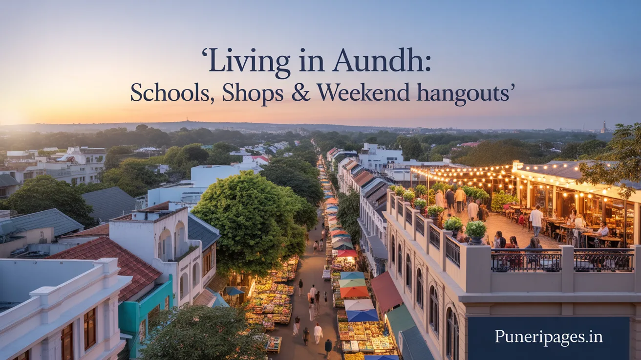 A panoramic view of Aundh at sunset showing tree-lined streets, residential buildings, a vibrant farmers’ market stall, and a rooftop café, with overlaid text ‘Living in Aundh: Schools, Shops & Weekend Hangouts’ and branding ‘puneripages.in’.