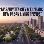 A split-scene view: Magarpatta City’s lush green township with residences and parks on one side, and Kharadi’s illuminated IT towers and high-rise buildings on the other, overlaid with the title ‘Magarpatta City & Kharadi: New Urban Living Trends’ and website puneripages.in.