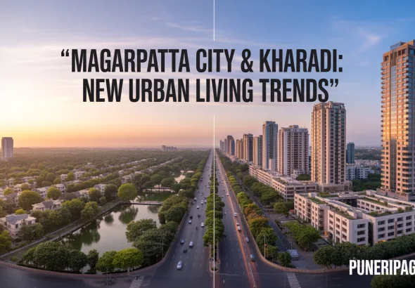 A split-scene view: Magarpatta City’s lush green township with residences and parks on one side, and Kharadi’s illuminated IT towers and high-rise buildings on the other, overlaid with the title ‘Magarpatta City & Kharadi: New Urban Living Trends’ and website puneripages.in.