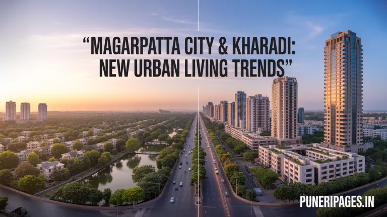 A split-scene view: Magarpatta City’s lush green township with residences and parks on one side, and Kharadi’s illuminated IT towers and high-rise buildings on the other, overlaid with the title ‘Magarpatta City & Kharadi: New Urban Living Trends’ and website puneripages.in.