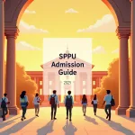 A sunrise view of Savitribai Phule Pune University’s main entrance with students carrying books, overlaid text ‘SPPU Admission Guide 2025’ and website branding ‘puneripages.in