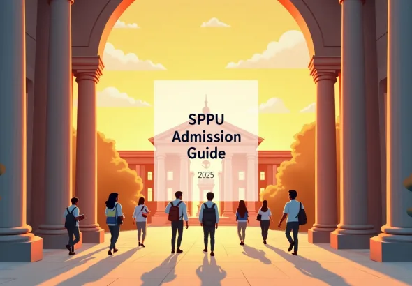 A sunrise view of Savitribai Phule Pune University’s main entrance with students carrying books, overlaid text ‘SPPU Admission Guide 2025’ and website branding ‘puneripages.in