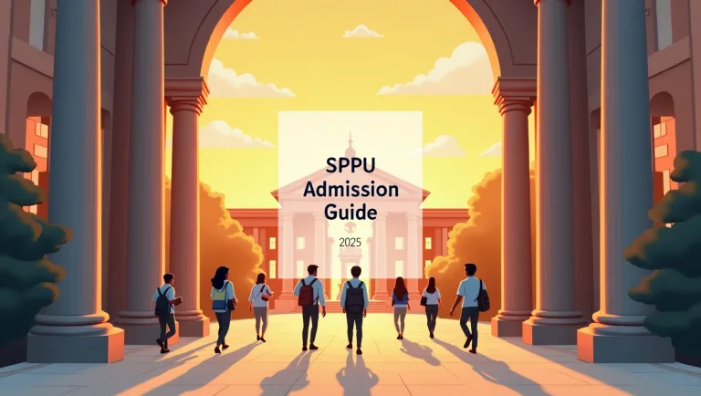 A sunrise view of Savitribai Phule Pune University’s main entrance with students carrying books, overlaid text ‘SPPU Admission Guide 2025’ and website branding ‘puneripages.in