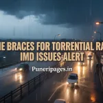 Pune city under heavy monsoon rain with waterlogged streets and vehicles moving cautiously, highlighting the IMD's torrential rain alert.