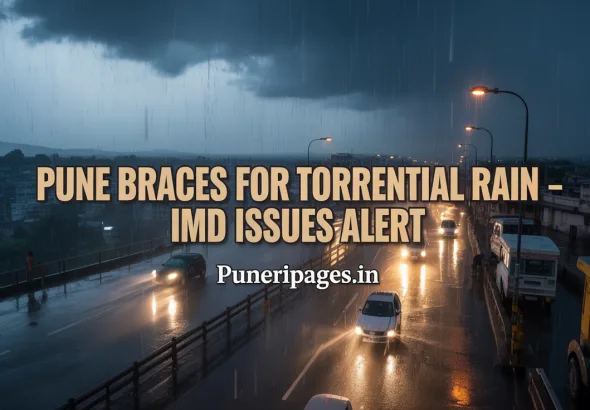 Pune city under heavy monsoon rain with waterlogged streets and vehicles moving cautiously, highlighting the IMD's torrential rain alert.