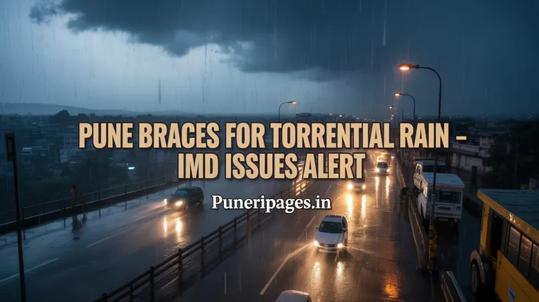 Pune city under heavy monsoon rain with waterlogged streets and vehicles moving cautiously, highlighting the IMD's torrential rain alert.