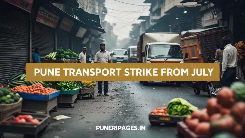"Closed market in Pune with delivery trucks halted and people concerned about essentials shortage."