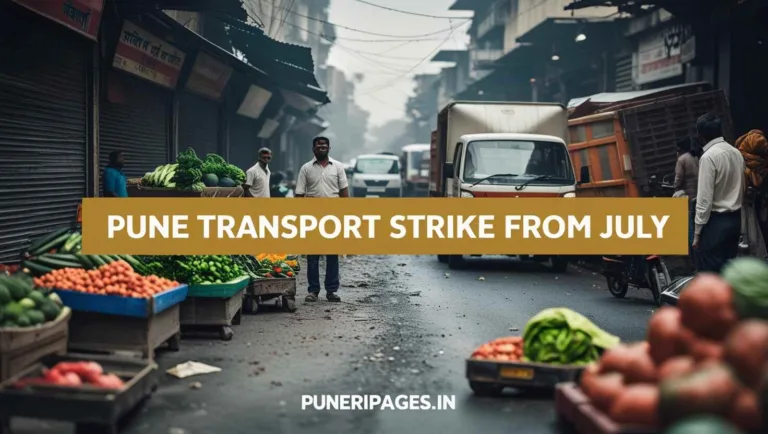 "Closed market in Pune with delivery trucks halted and people concerned about essentials shortage."