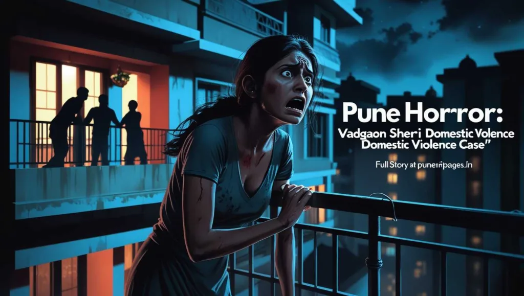 Illustration of Vadgaon Sheri apartment at night with a woman near a balcony during a domestic violence incident