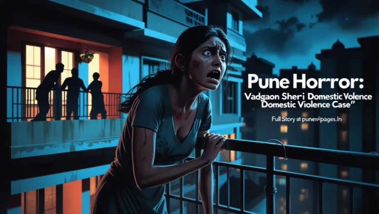 Illustration of Vadgaon Sheri apartment at night with a woman near a balcony during a domestic violence incident