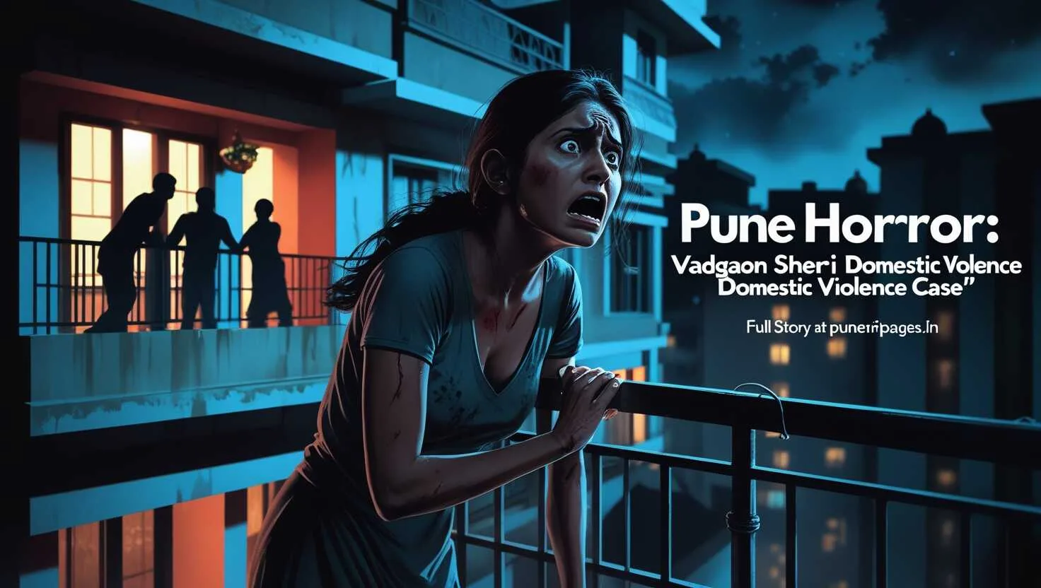 Illustration of Vadgaon Sheri apartment at night with a woman near a balcony during a domestic violence incident