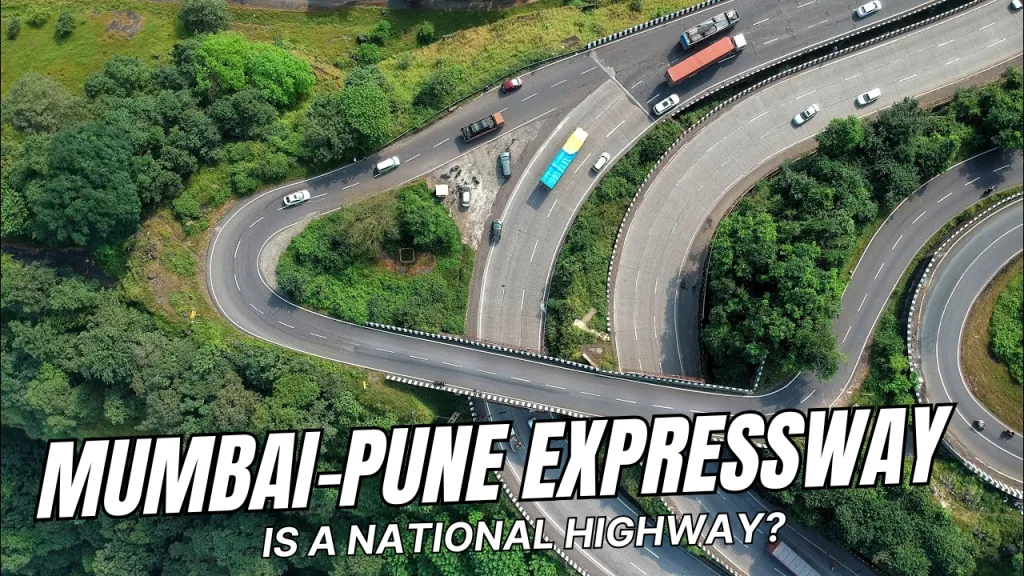 Aerial view of the Mumbai-Pune Expressway winding through green hills with text overlay “Is Mumbai-Pune Expressway a National Highway?” and puneripages.in