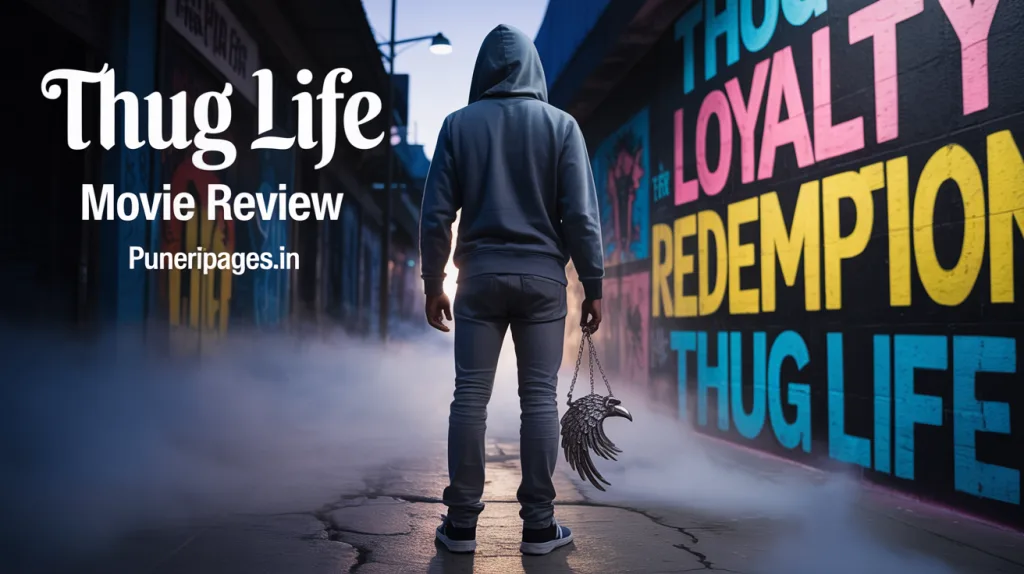 Cover image showing a moody urban alley at dusk with a lone figure facing a graffiti wall, symbolic of the "Thug Life" movie's themes of redemption and survival, including text: "Thug Life Movie Review – puneripages.in