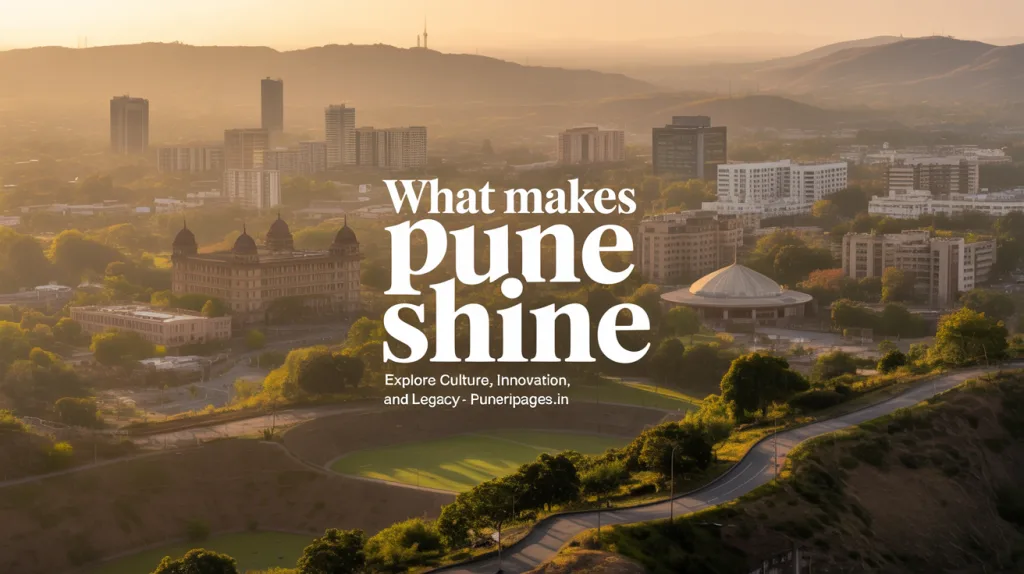 Illustrated cityscape of Pune with cultural and modern highlights and text overlay.