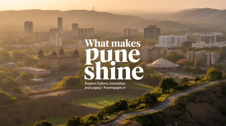 Illustrated cityscape of Pune with cultural and modern highlights and text overlay.