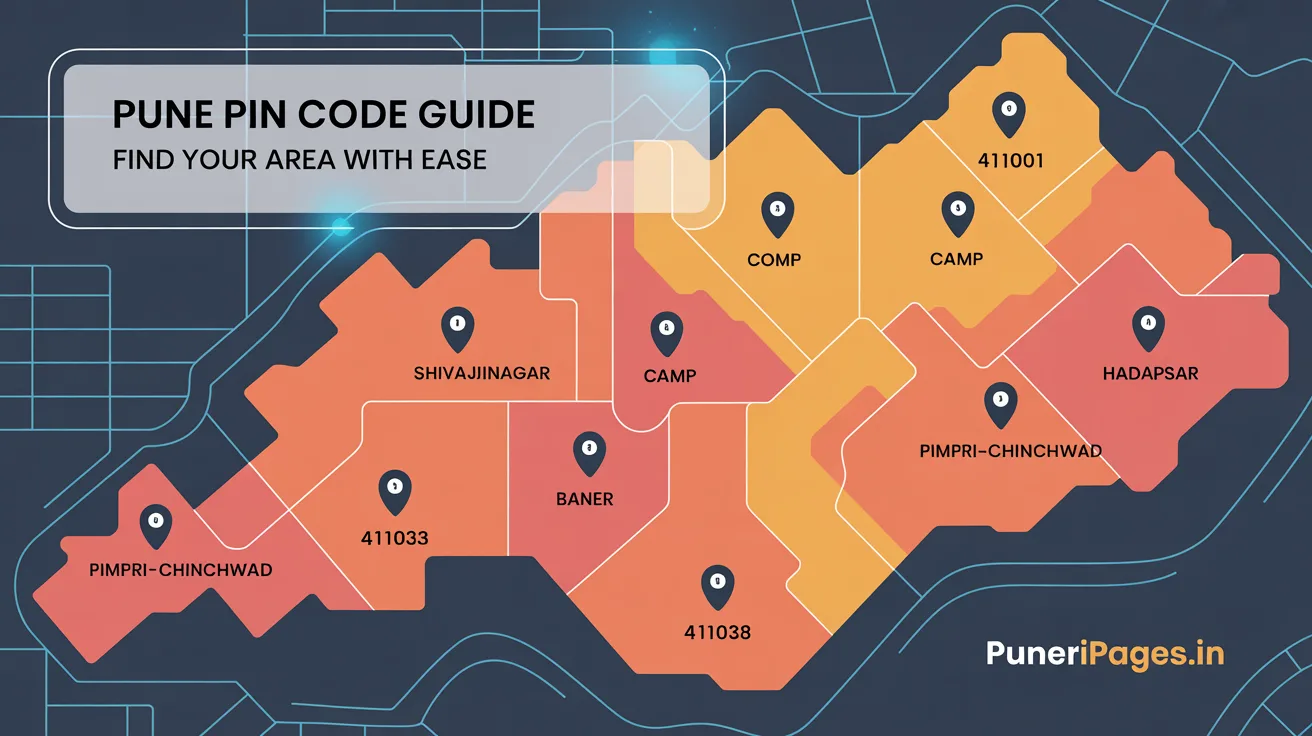 Map of Pune with labeled pin codes and areas, designed as a cover for an article on Pune's postal system.