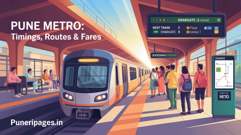 Pune Metro train arriving at an elevated station with digital timetable, route signage, and commuters on the platform