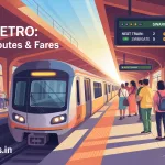 Pune Metro train arriving at an elevated station with digital timetable, route signage, and commuters on the platform