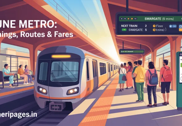Pune Metro train arriving at an elevated station with digital timetable, route signage, and commuters on the platform
