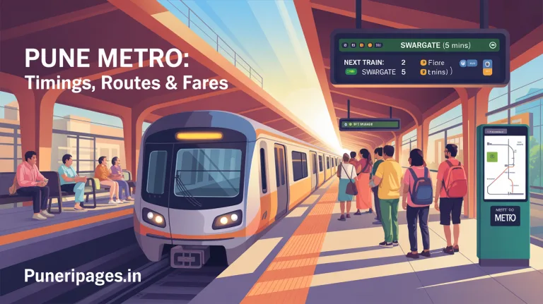Pune Metro train arriving at an elevated station with digital timetable, route signage, and commuters on the platform