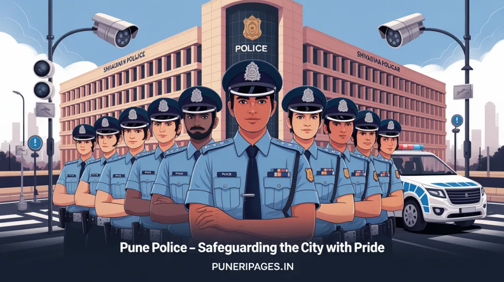 Illustration of Pune Police officers in uniform standing in front of city police HQ with safety icons and Puneripages.in branding